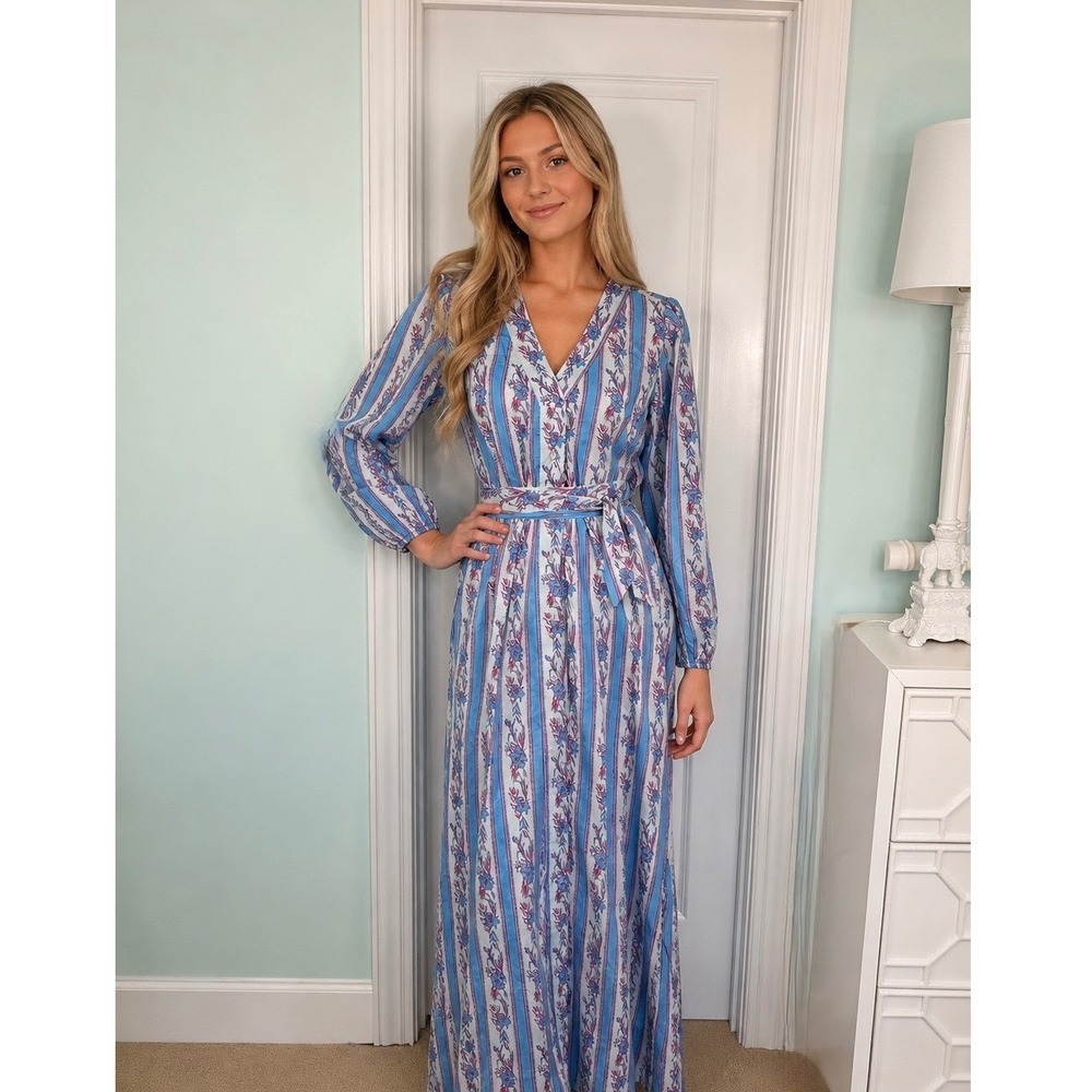 Celina Moon Dress Blue Pink Floral Stripe Cotton Maxi V-Neck Long Sleeve XL NWT